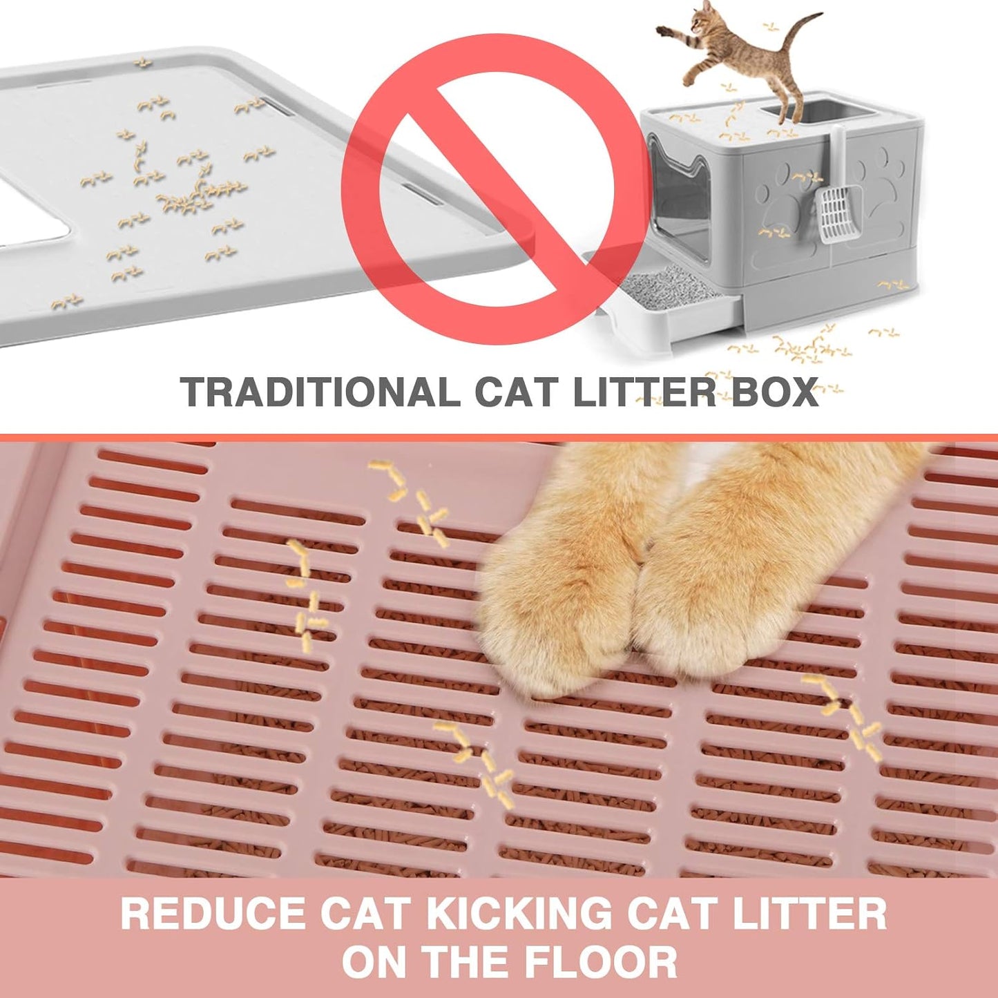 Enclosed Litter Box, Large, Foldable Top Entrance, Easy Clean, No Smell, Pink, Plastic, Cat Litter Box with Lid