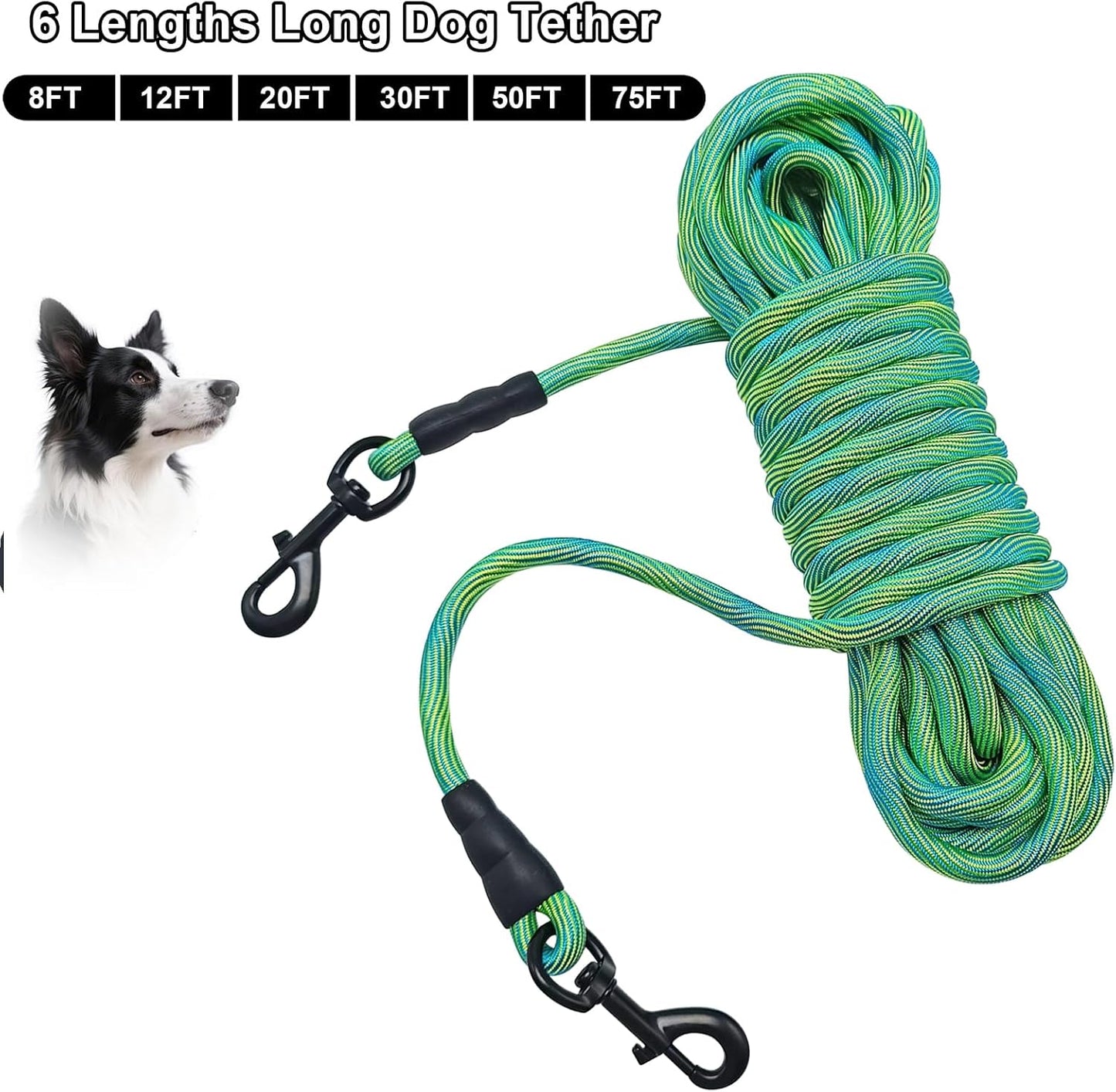 8Ft 12Ft 20Ft 30Ft 50Ft 75Ft Dog Tie Out Long Tether Rope Dog Lead, Outdoor Yard Leash, Large Medium Dogs Training, Playing, Camping, Backyard (Green, 50 Foot)