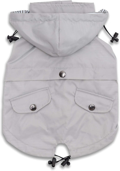 Zip up Dog Raincoats with Reflective Buttons, Pockets, Rain/Water Resistant, Adjustable Drawstring, & Removable Hood - XXS to XXL - Stylish Premium Dog Raincoats (Light Grey, Medium)